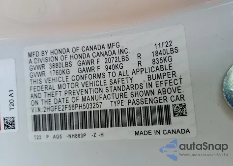 2023 Honda Civic Sport из США, поврежденный, VIN 2HGFE2F56PH503257